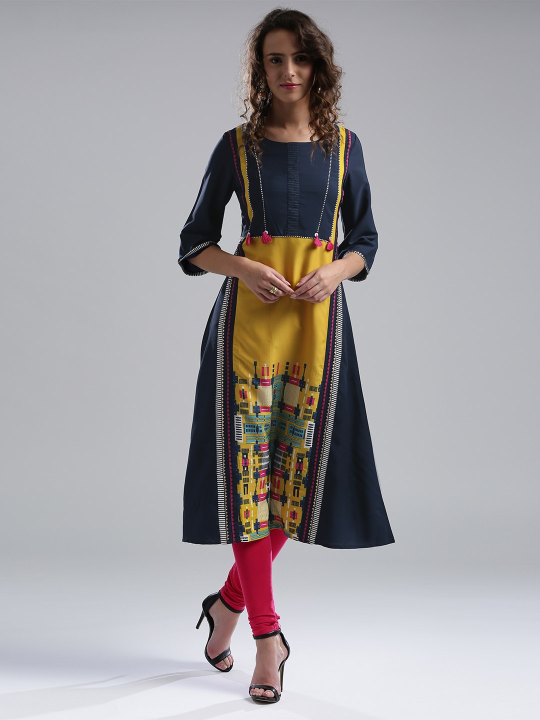 

W Women Navy Blue & Yellow Printed A-Line Kurta