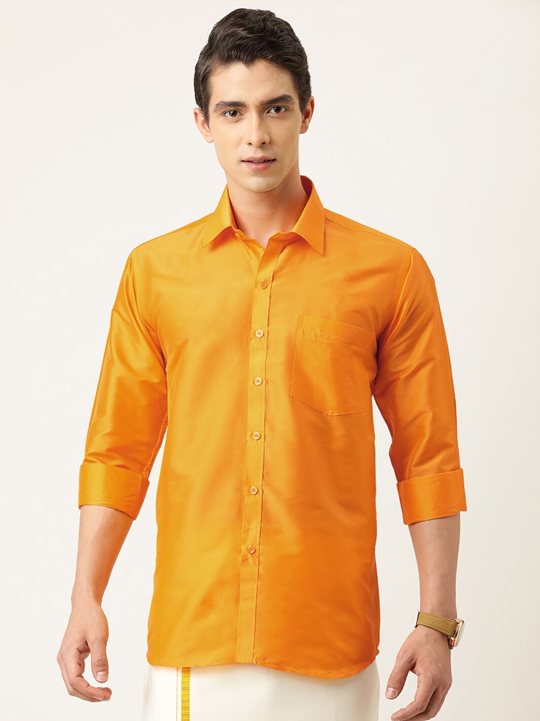 

THANGAMAGAN Standard Fit Spread Collar Art Silk Party Shirt, Yellow