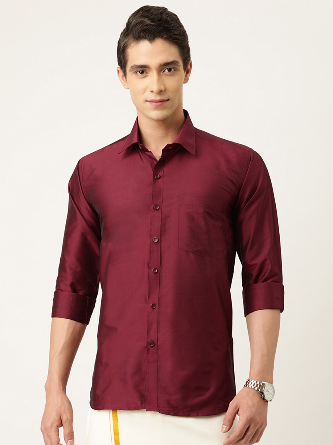

THANGAMAGAN Standard Spread Collar Casual Shirt, Maroon