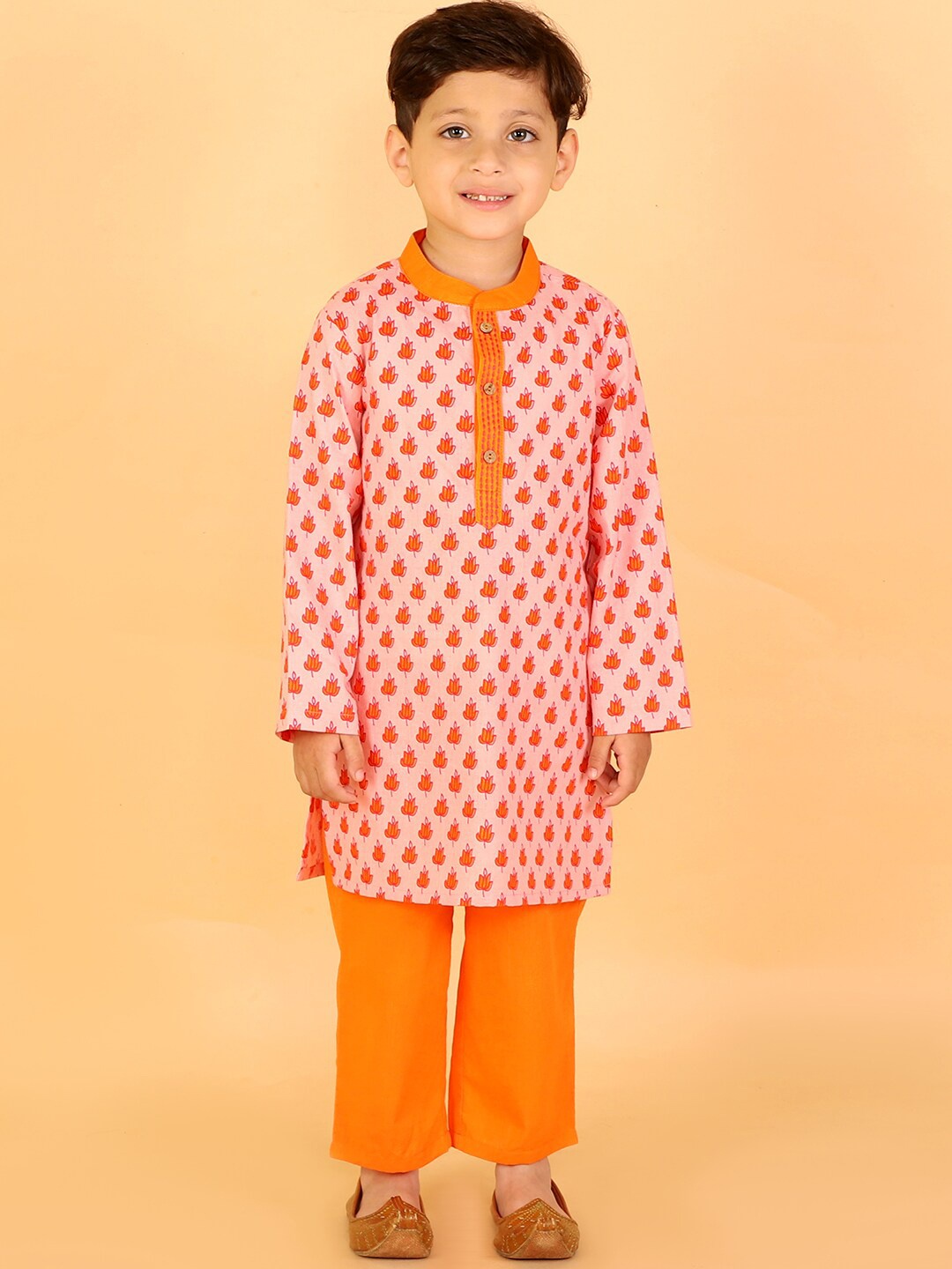 

LIL DRAMA Boys Ethnic Motifs Printed Cotton Kurta With Pyjamas, Orange