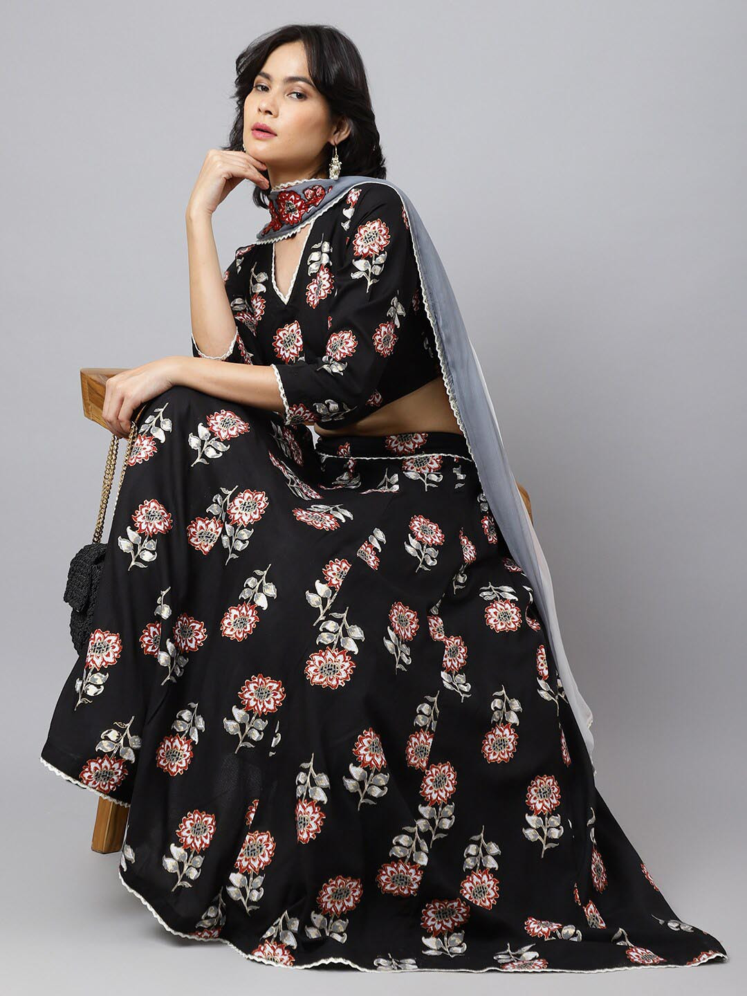

Khushal K Printed Ready to Wear Lehenga & Blouse With Dupatta, Black