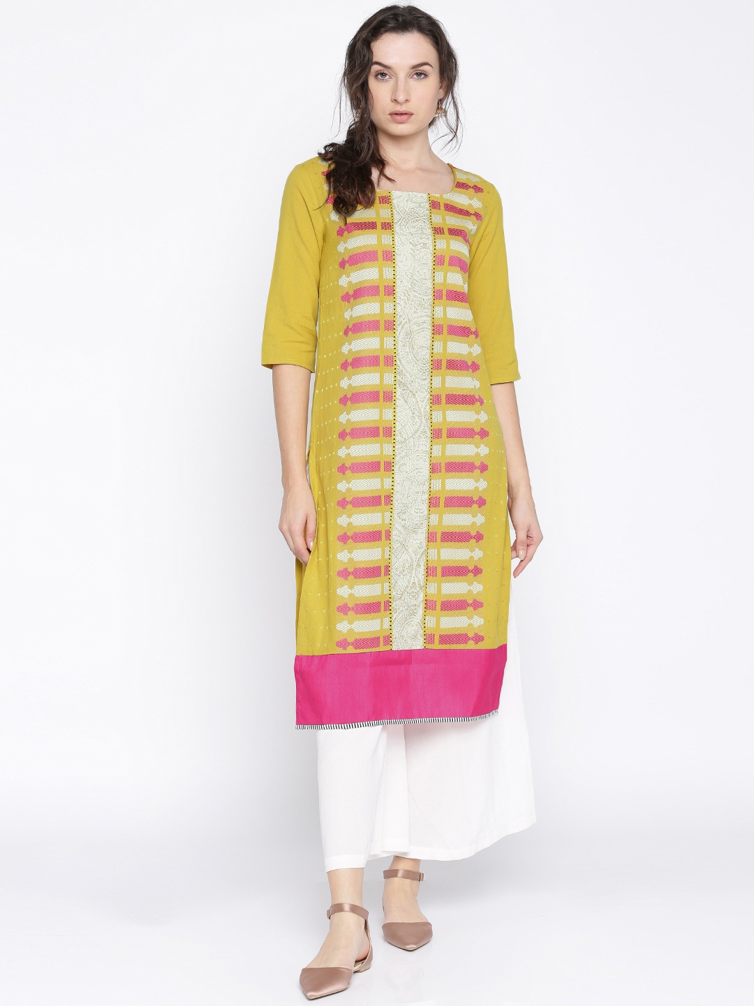 

W Women Mustard Yellow Woven Straight Kurta