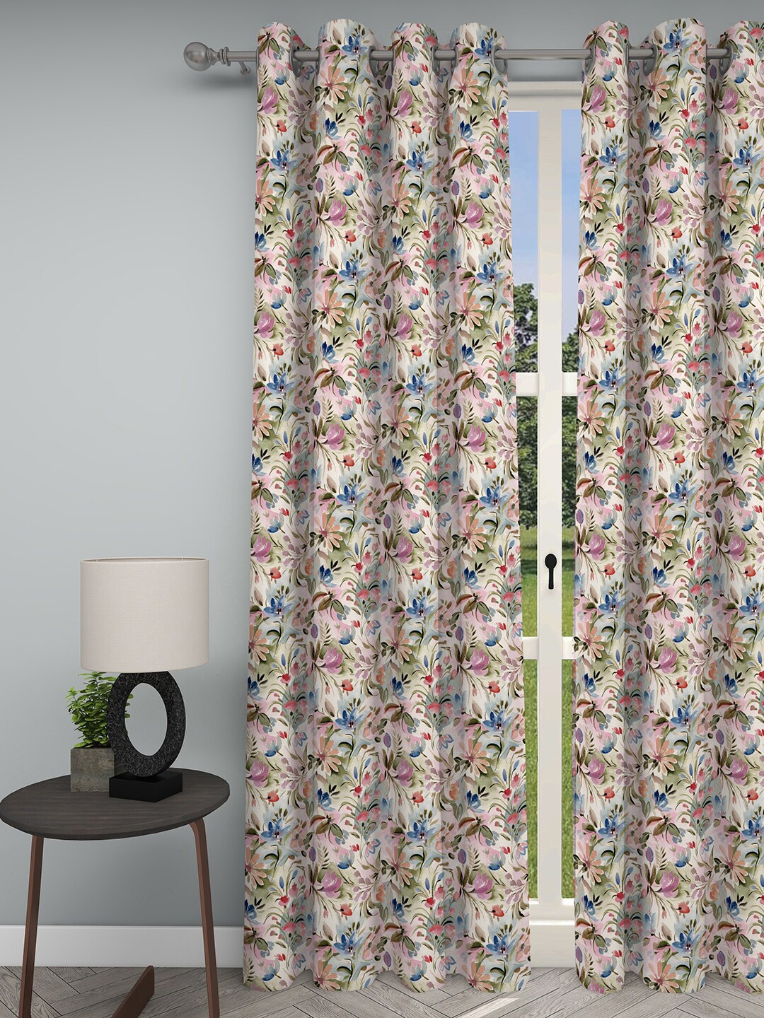 GM Red & Blue Floral Printed Room Darkening Door Curtain