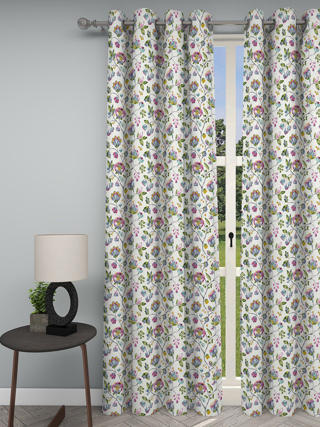 

GM White & Green Floral Room Darkening Door Curtain