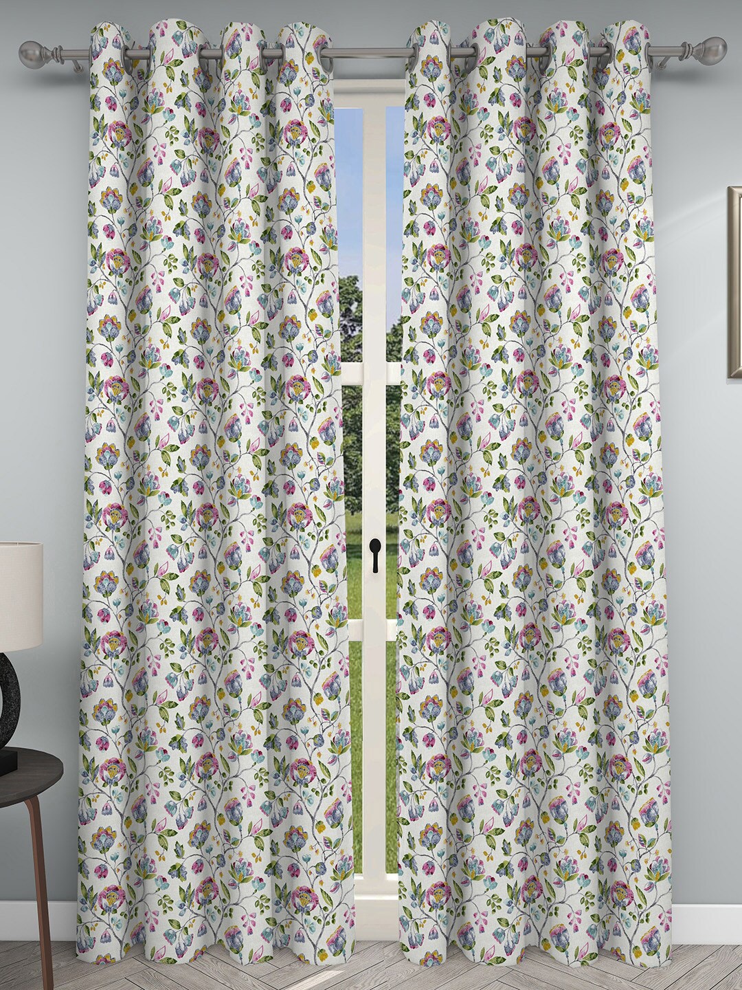 

GM White & Green 2 Pcs Floral Printed Room Darkening Door Curtains