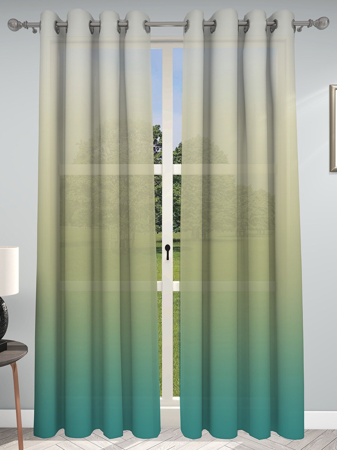 

GM Set of 2 Green & Cream-Coloured Colourblocked Sheer Door Curtain
