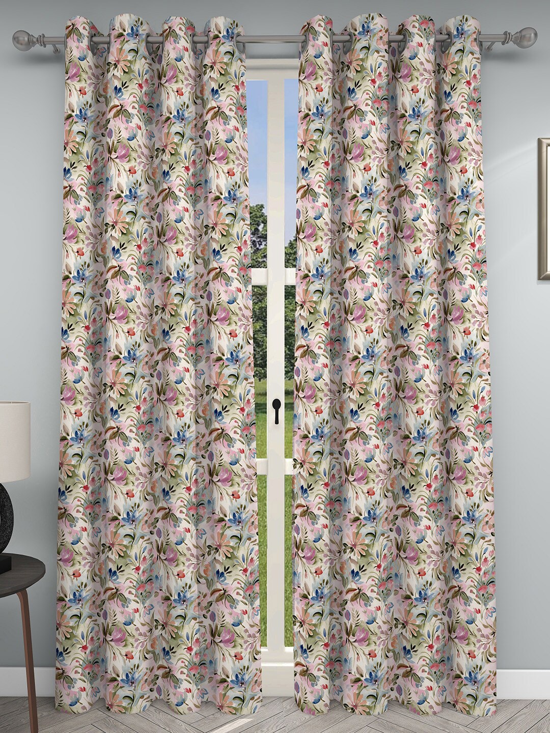 GM Cream-Coloured & Red 2 Pcs Floral Printed Room Darkening Door Curtain