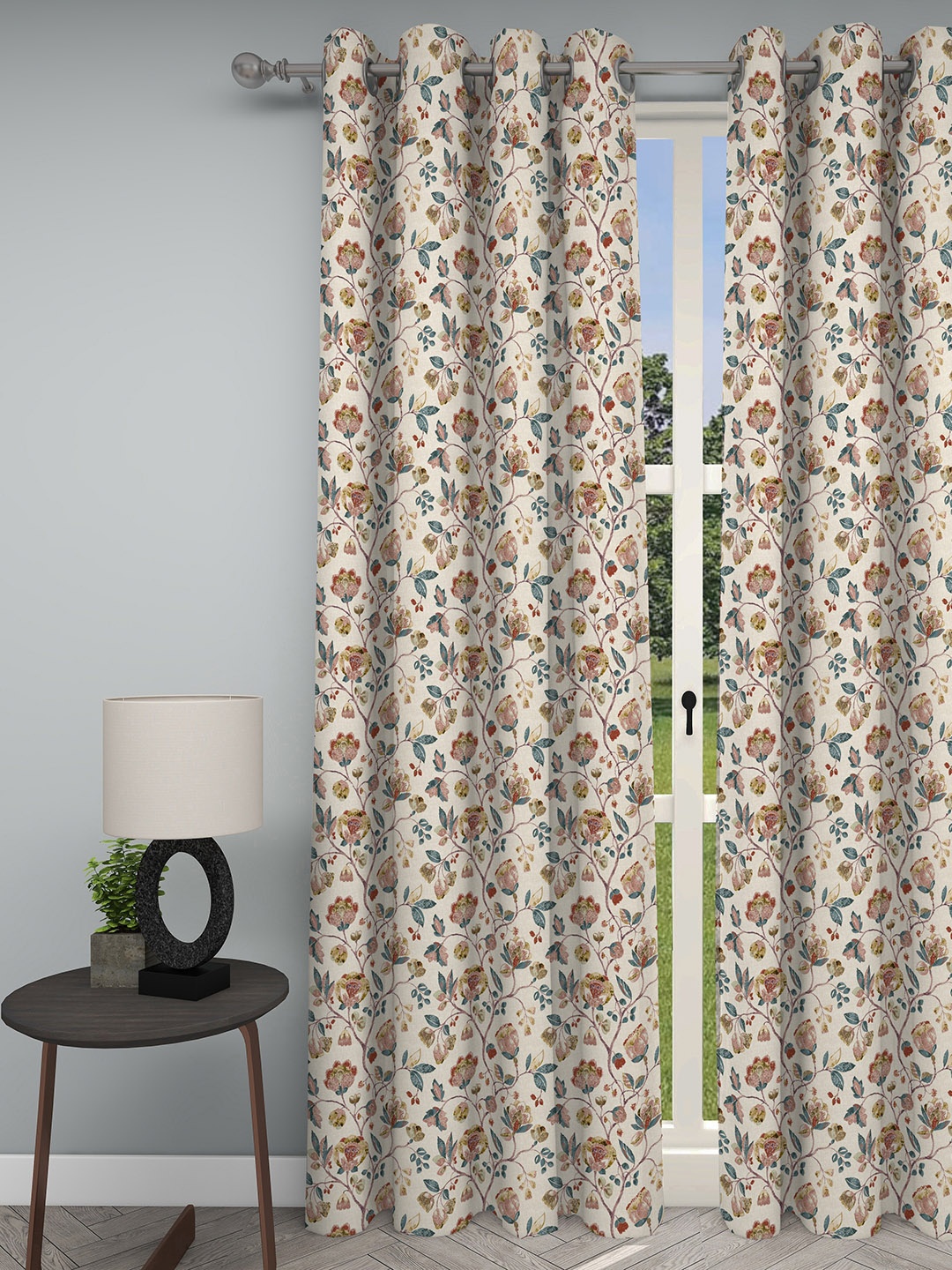 

GM Cream & Green Floral Printed Room Darkening Door Curtain