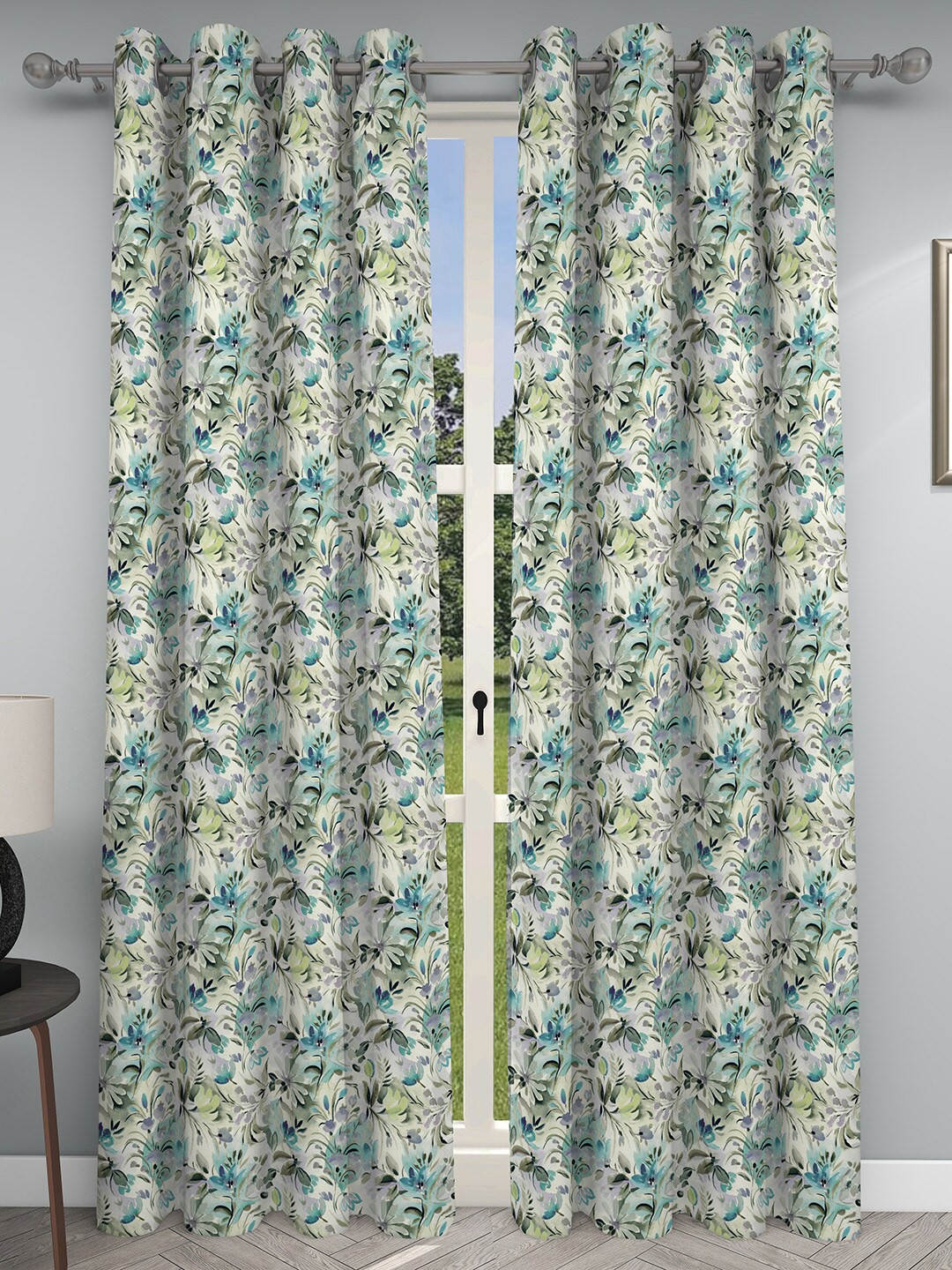 

GM Cream & Green 2 Pieces Floral Printed Room Darkening Door Curtain