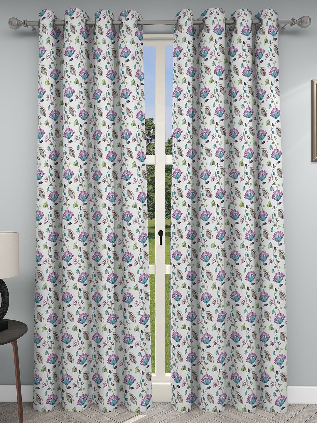 GM White & Violet 2 Pieces Floral Room Darkening Door Curtain