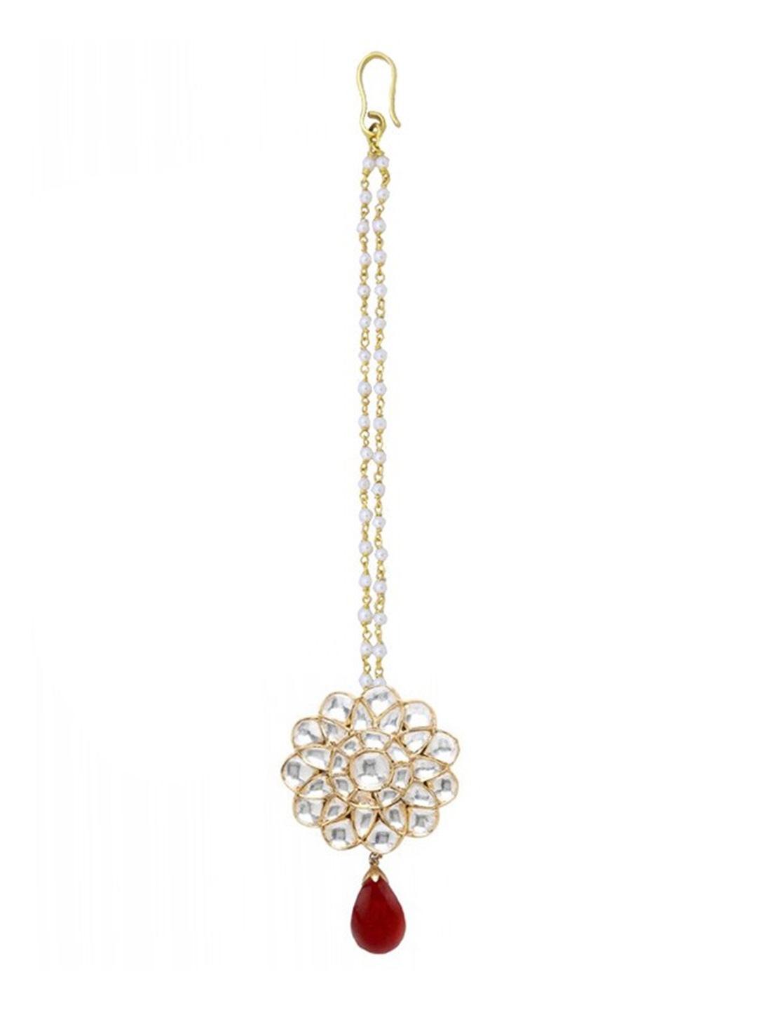 

ahilya 92.5 Sterling Silver Gold-Plated Stone Studded & Beaded Maang Tikka, Red