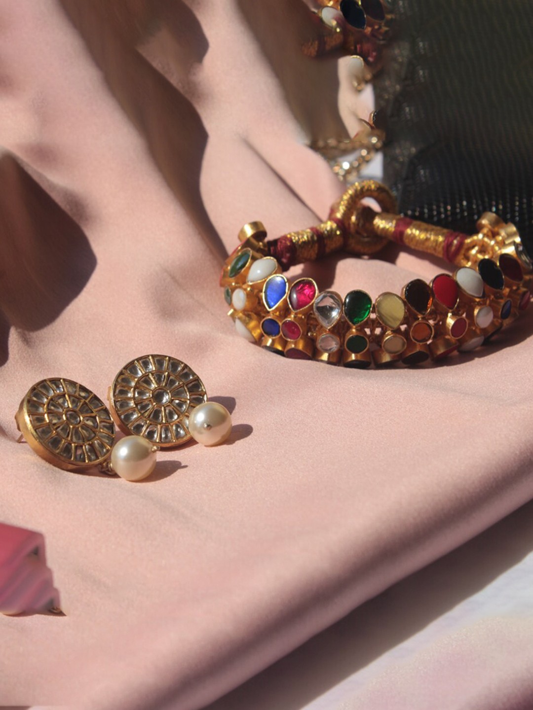 

ahilya Gold-Plated 92.5 Sterling Silver Stone Studded & Beaded Jewellery Set, Red