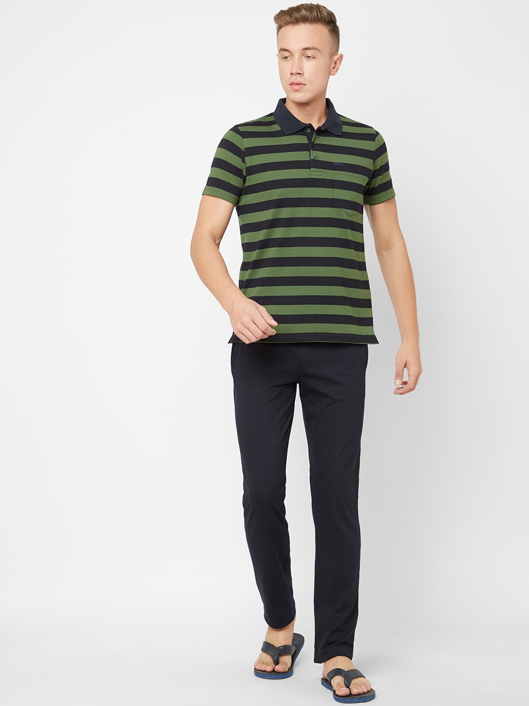 

Sweet Dreams Shirt Collar Striped Night Suit, Green