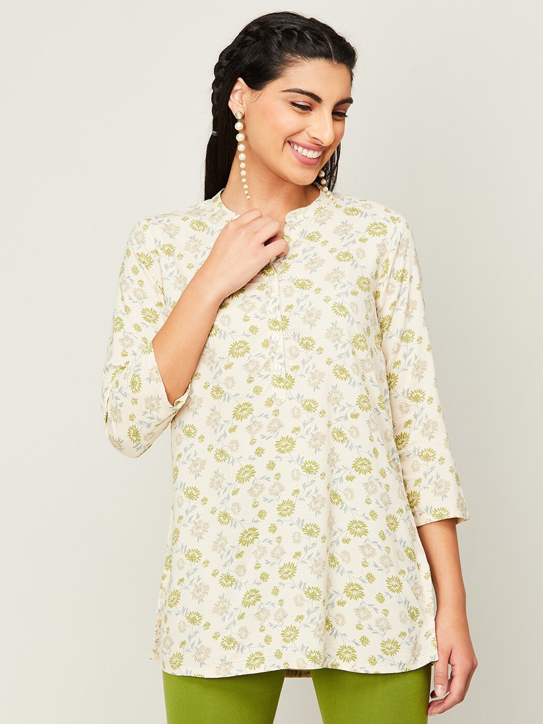 

Melange by Lifestyle Mandarin Collar Floral Printed Straight Kurti, Off white