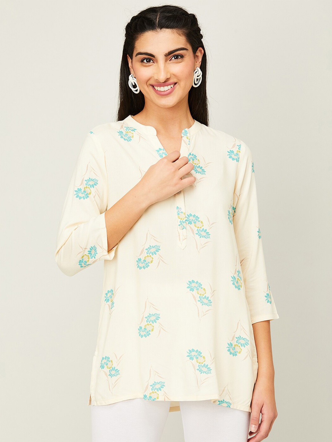 

Melange by Lifestyle Mandarin Collar Floral Printed Straight Kurti, Off white