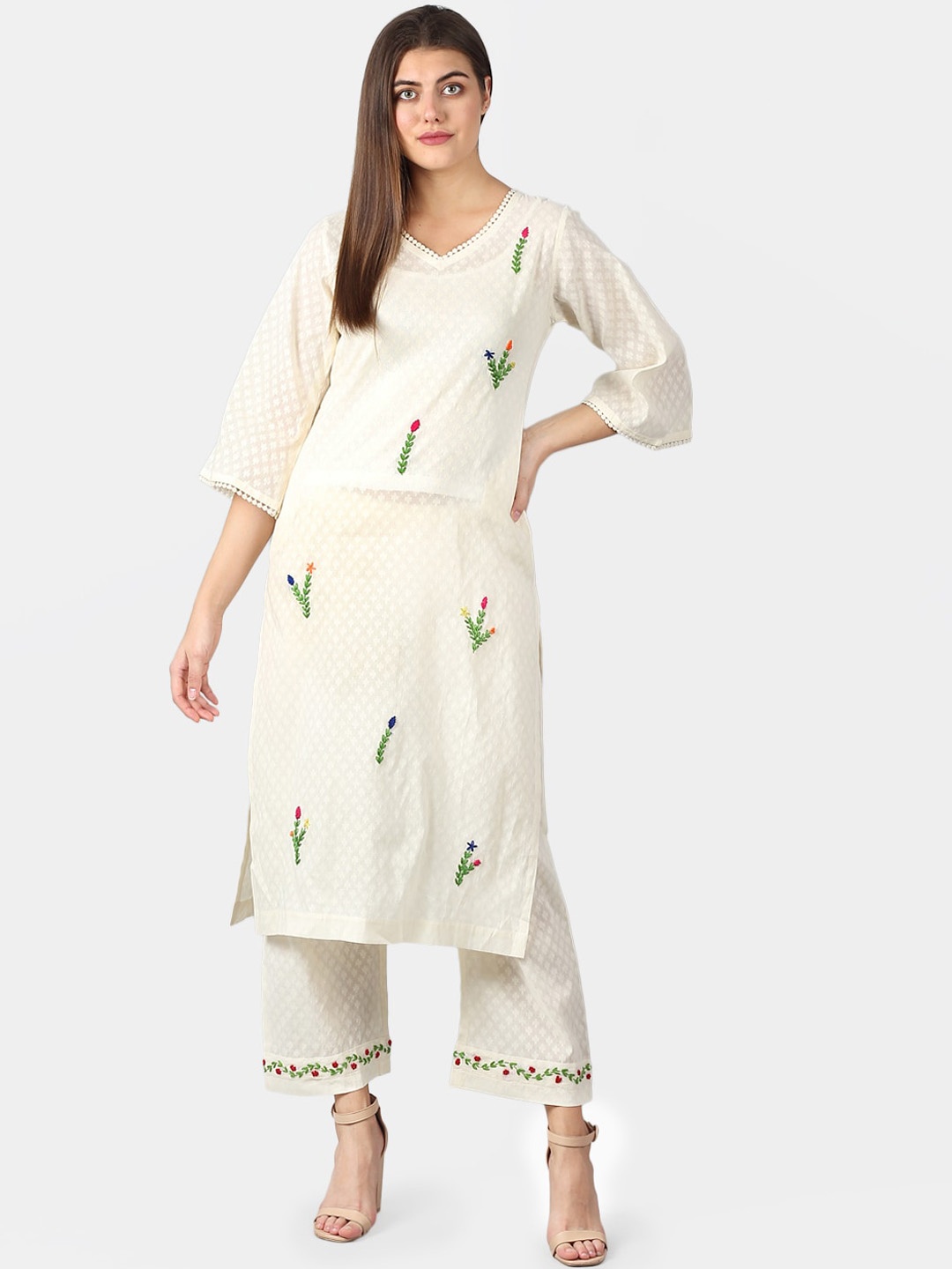

DART STUDIO Woven Design Thread Work Pure Cotton Kurta, Off white