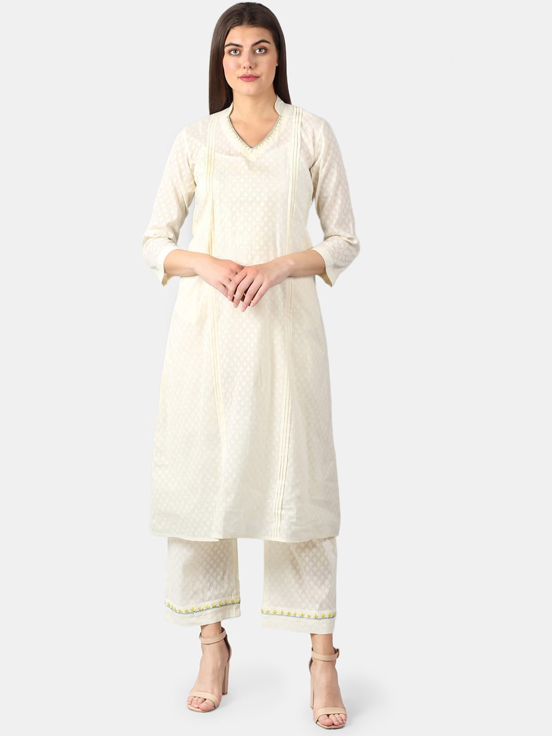 

DART STUDIO Ethnic Motifs Woven Design Pure Cotton A-line Kurta, Off white