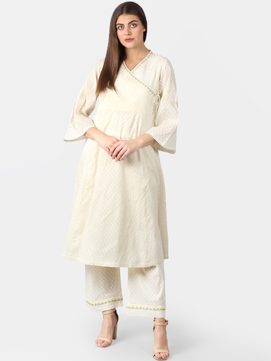 

DART STUDIO Ethnic Motifs Woven Design Pure Cotton A-line Angrakha Kurta, Off white