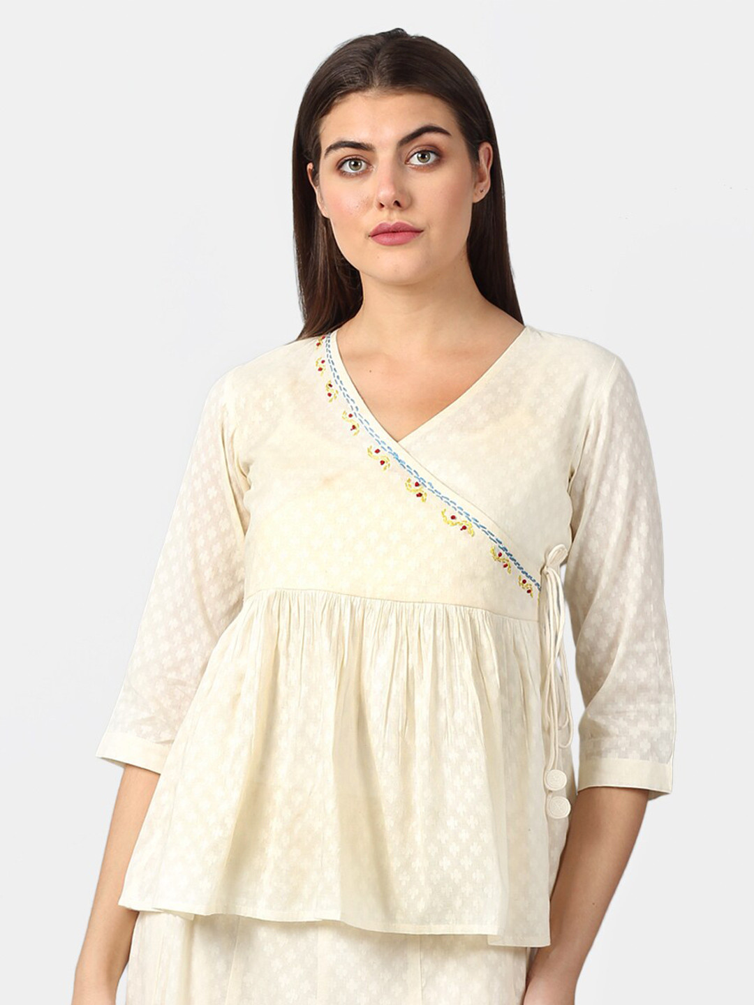 

DART STUDIO Floral Printed Embroidered Pure Cotton Empire Top, Off white