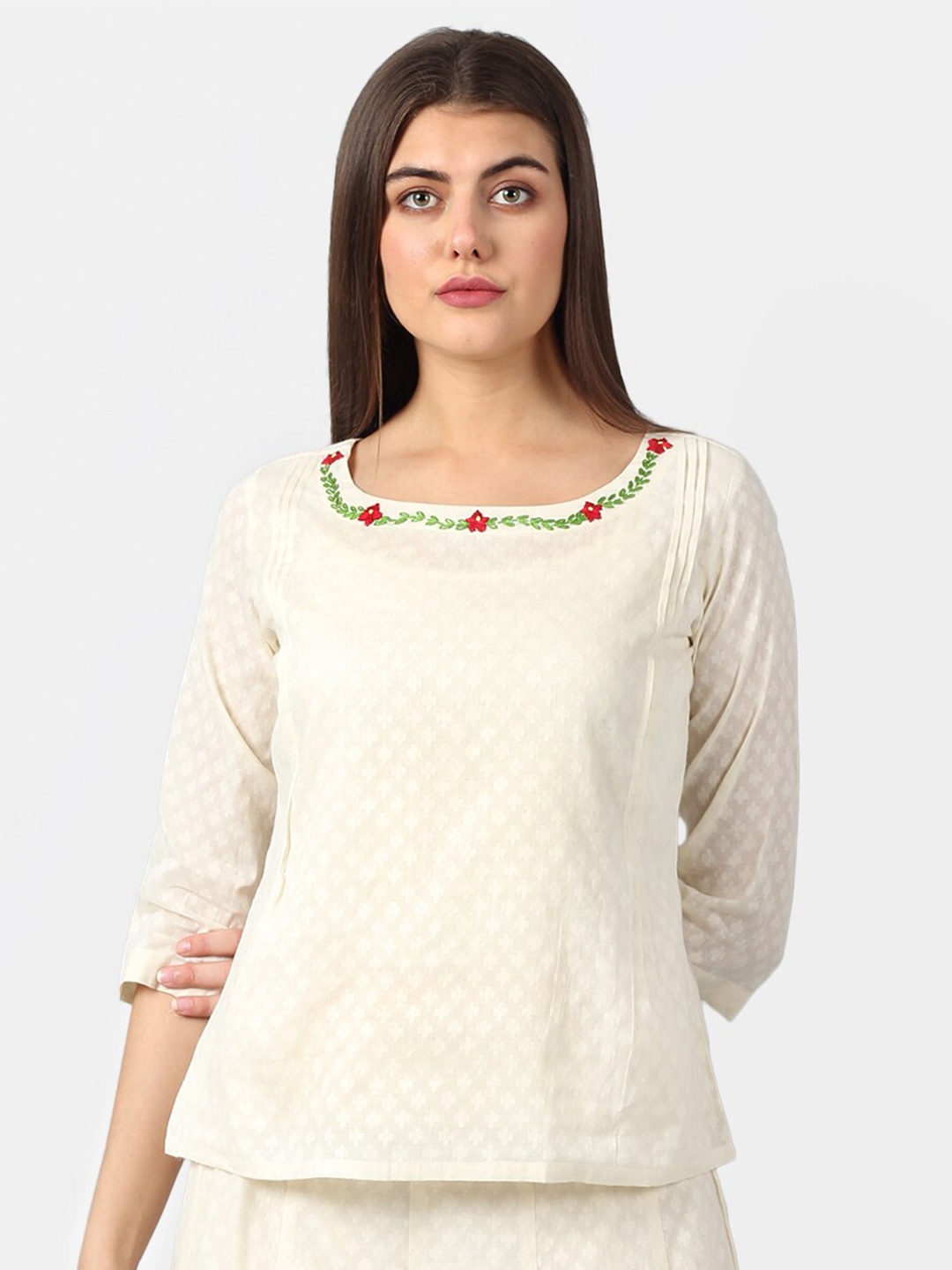 

DART STUDIO Self Design Embroidered Pure Cotton Top, Off white