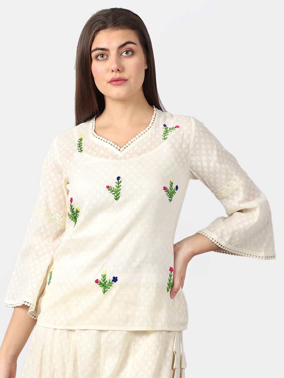 

DART STUDIO Floral Embroidered Pure Cotton Top, Off white