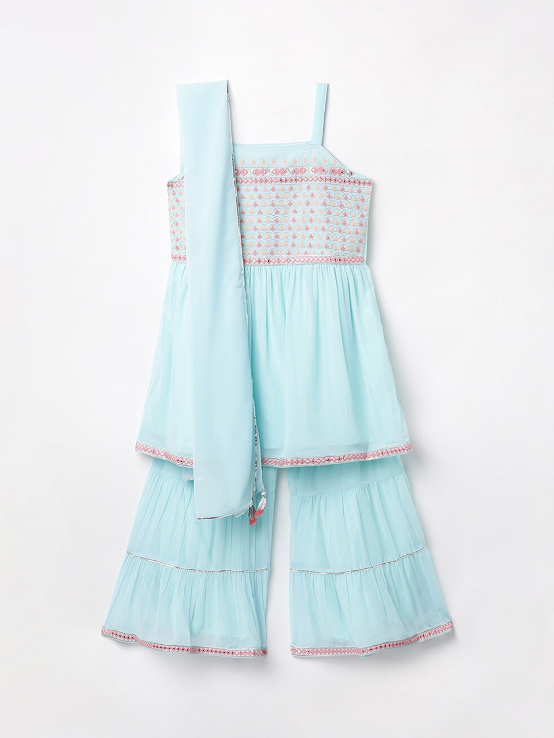 

Melange by Lifestyle Girls Ethnic Motifs Embroidered Kurta With Sharara & Dupatta, Blue