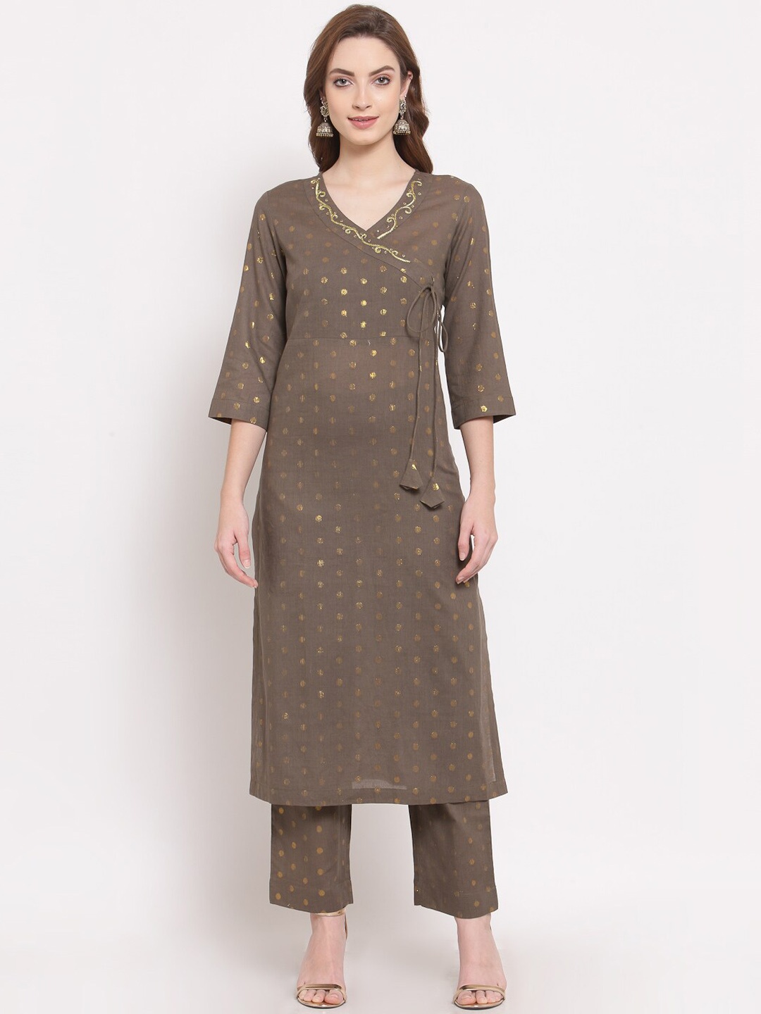 

DART STUDIO Geometric Woven Design Angrakha Pure Cotton Kurta With Trousers, Green
