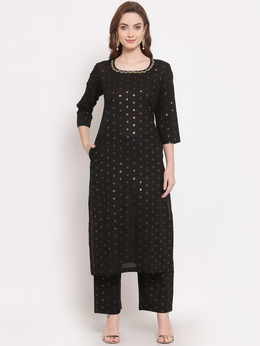 

DART STUDIO Woven Design Thread Work Pure Cotton Kurta with Trousers, Black