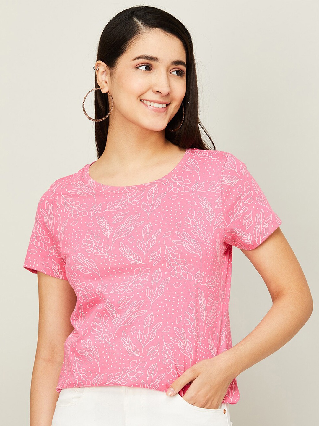 Fame Forever by Lifestyle Floral Printed Cotton T-shirt, Pink