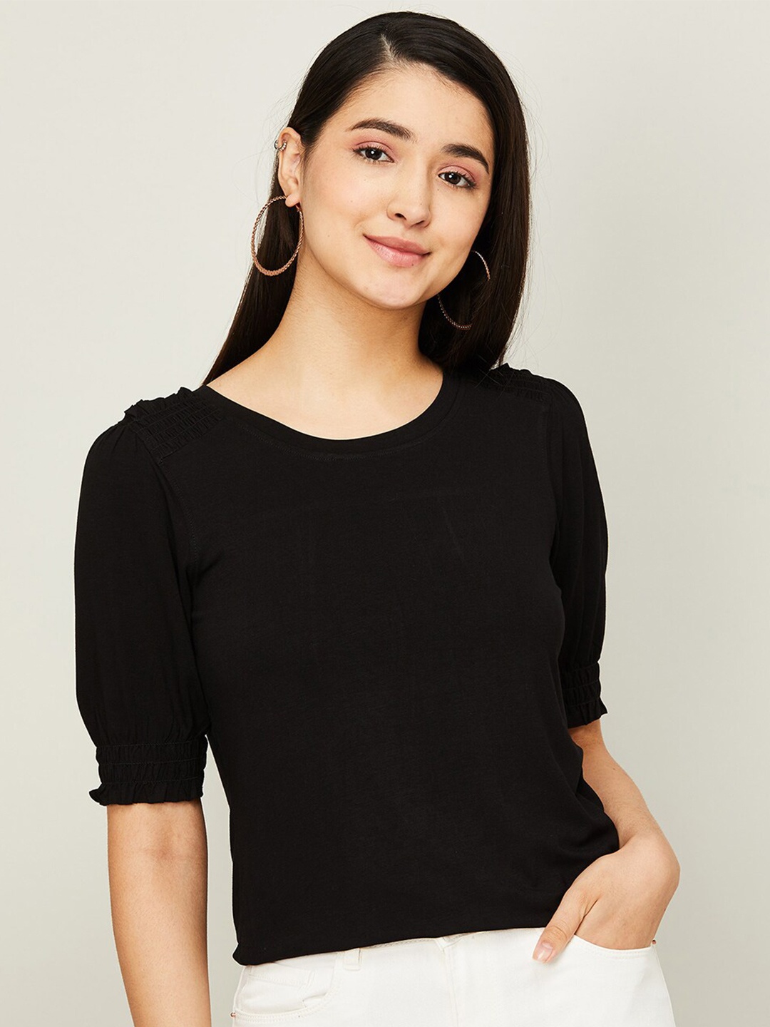 

CODE by Lifestyle Round Neck Smocked Puff Sleeves Top, Black