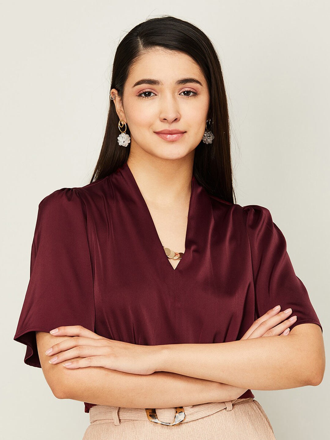 

CODE by Lifestyle V-Neck Flared Sleeve Top, Burgundy