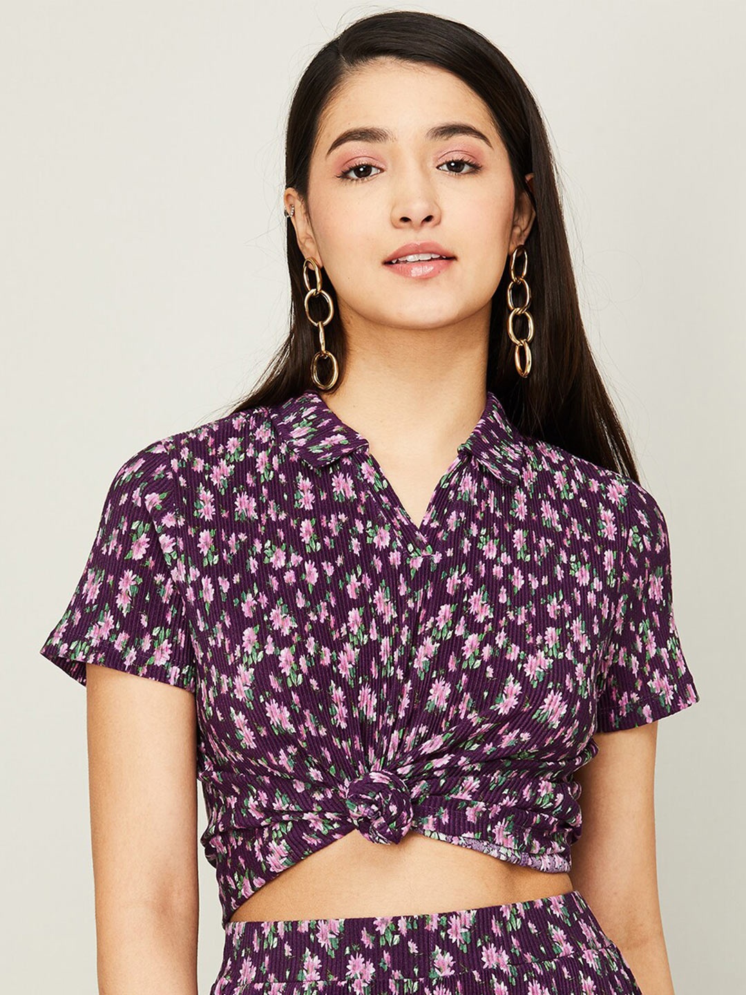

Fame Forever by Lifestyle Floral Printed Shirt Style Top, Purple