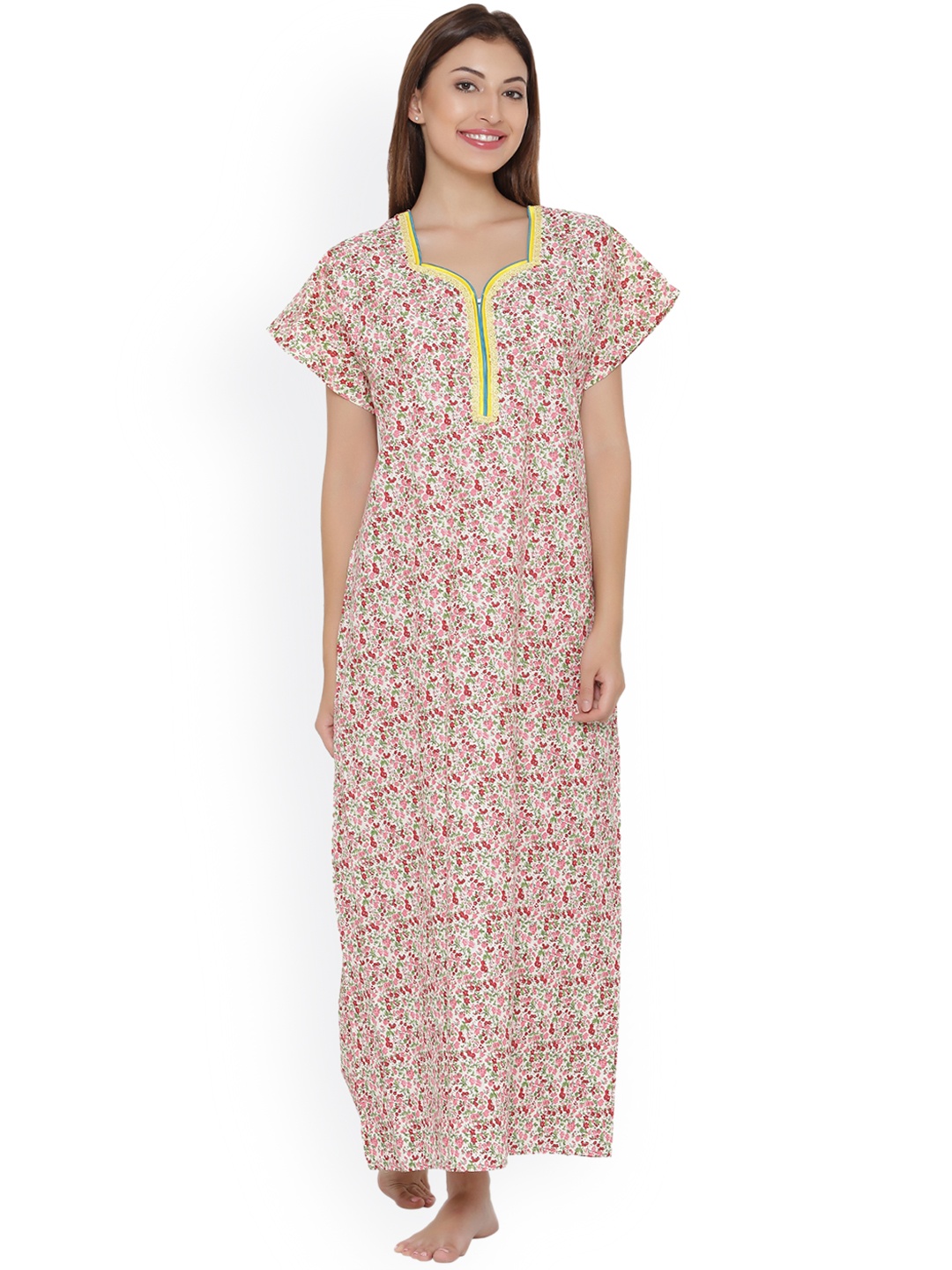 

Clovia Off-White & Pink Printed Nightdress NSH011P24M