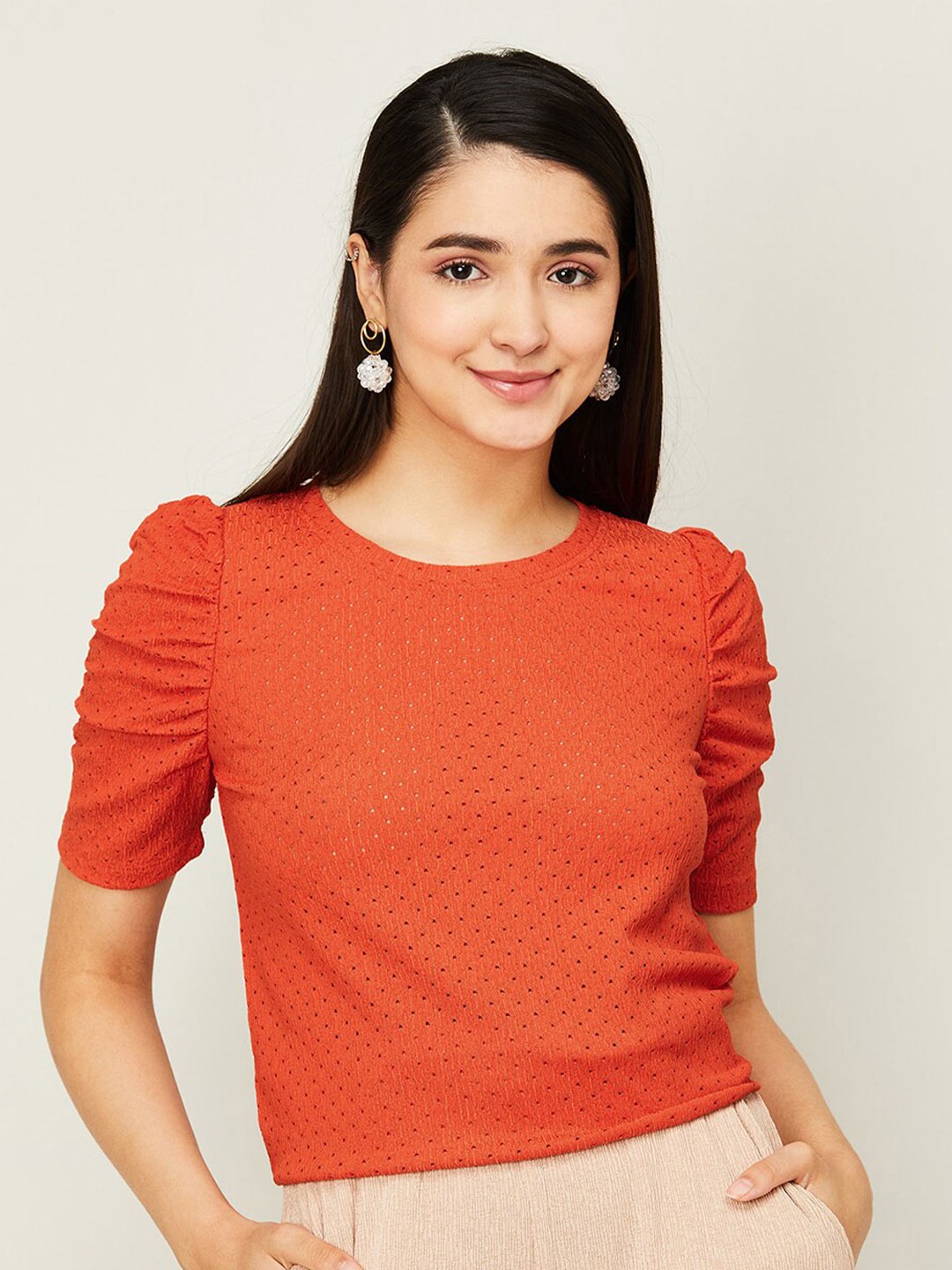 

Fame Forever by Lifestyle Self Design Puff Sleeves Knitted Top, Orange