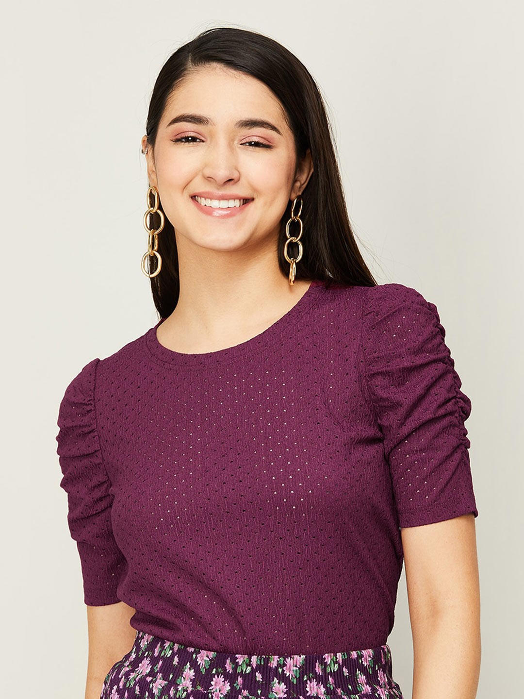 

Fame Forever by Lifestyle Self Design Round Neck Puff Sleeves Top, Purple