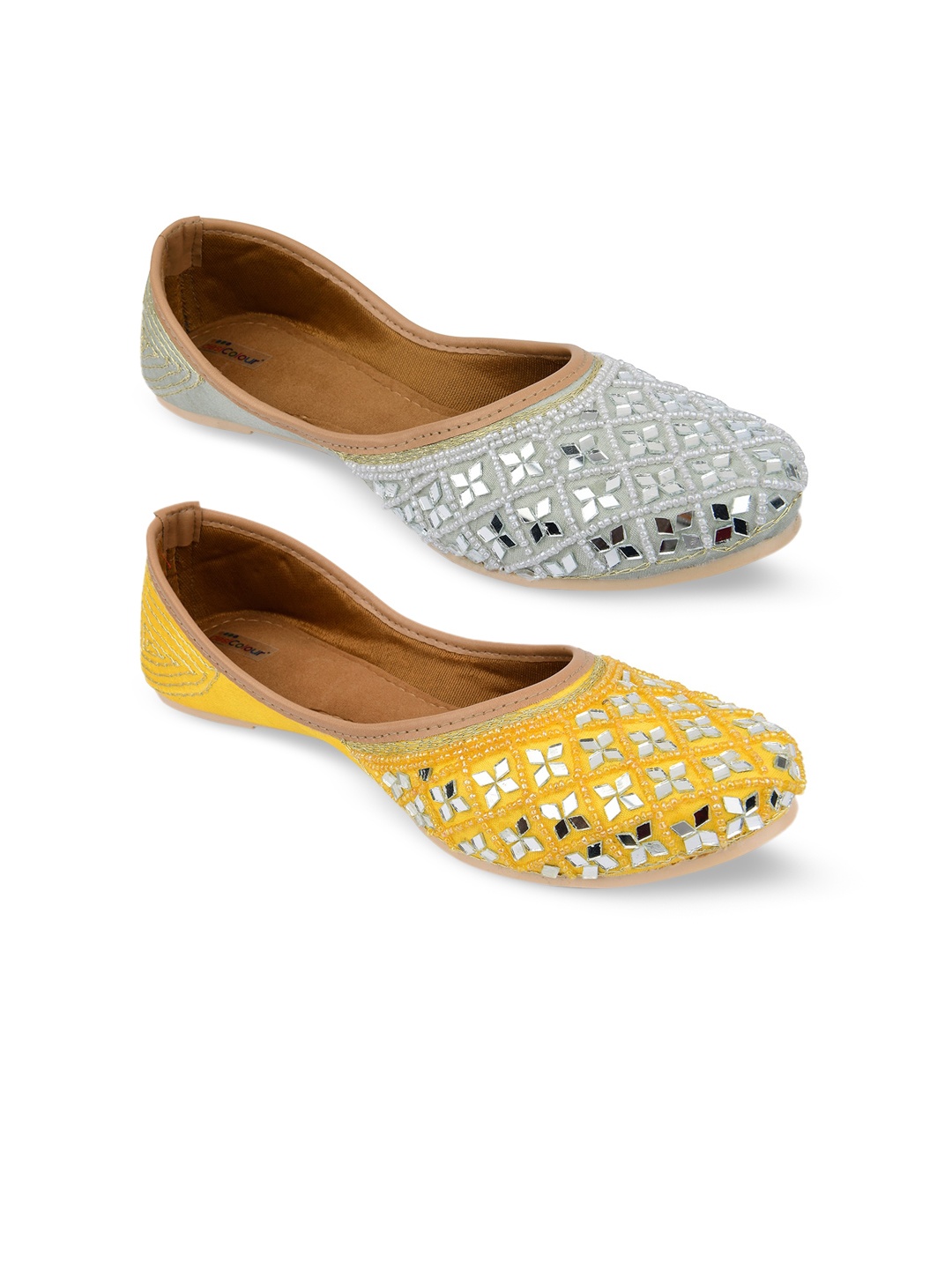 

DESI COLOUR Women Pack Of 2 Embellished Ethnic Mojaris, Yellow