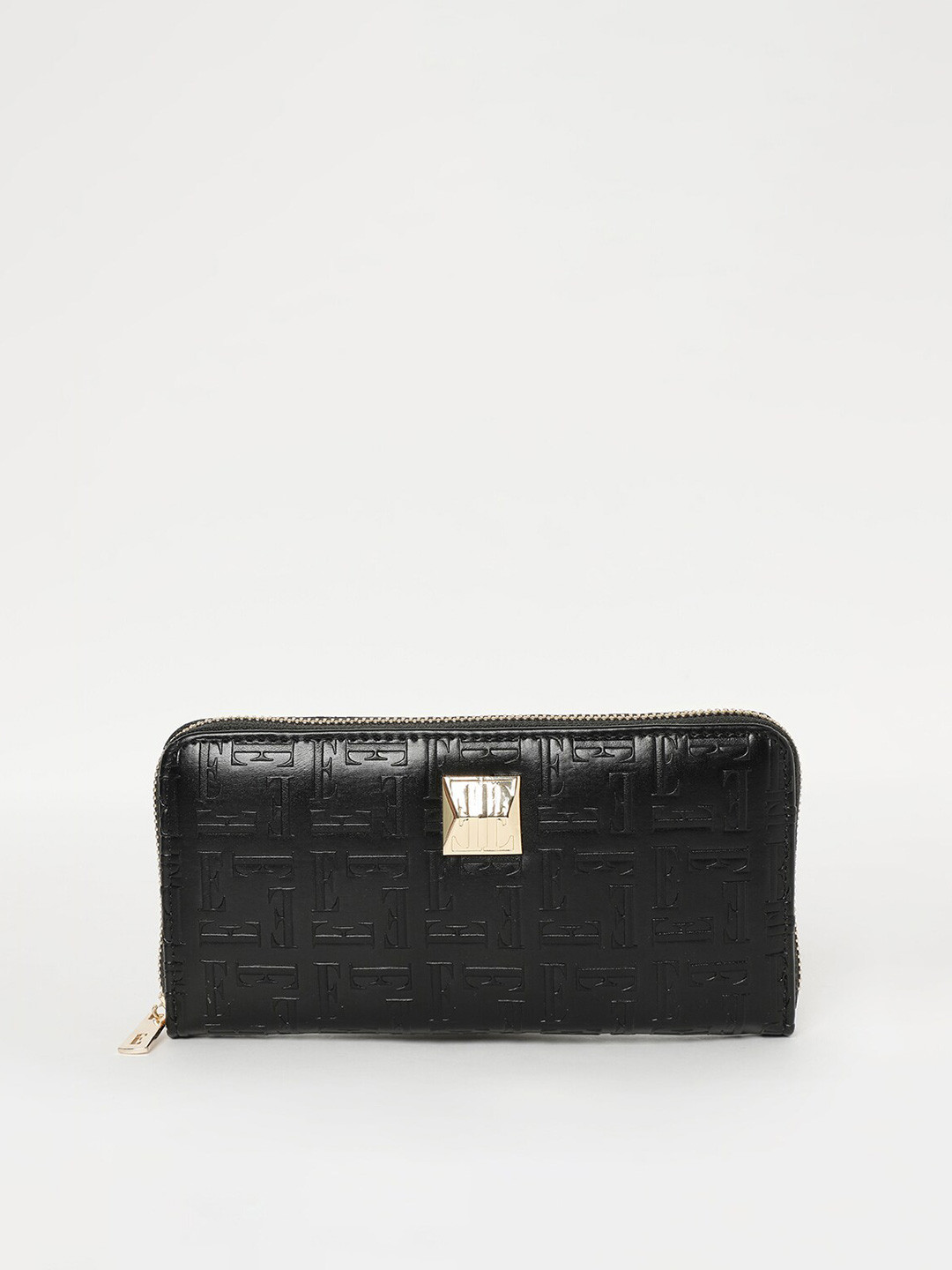 

ELLE Women Typography Textured Zip Around Wallet with SD Card Holder, Black