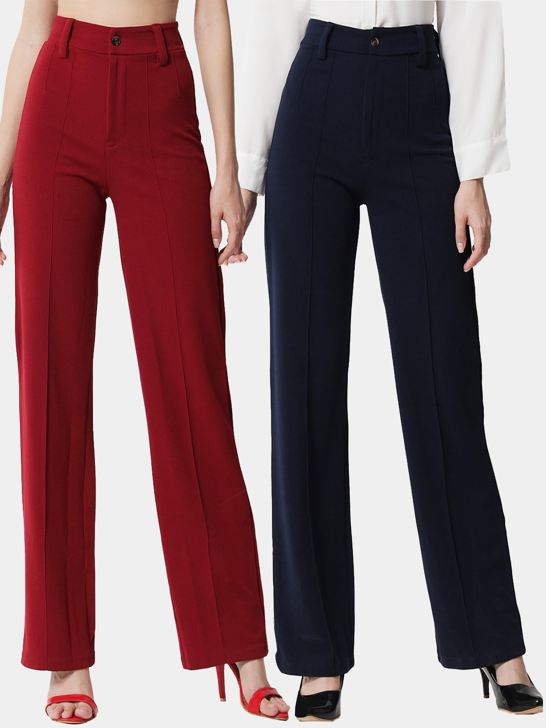 

KOTTY BIZwear Women Pack Of 2 Relaxed Straight Fit High-Rise Easy Wash Parallel Trousers, Red