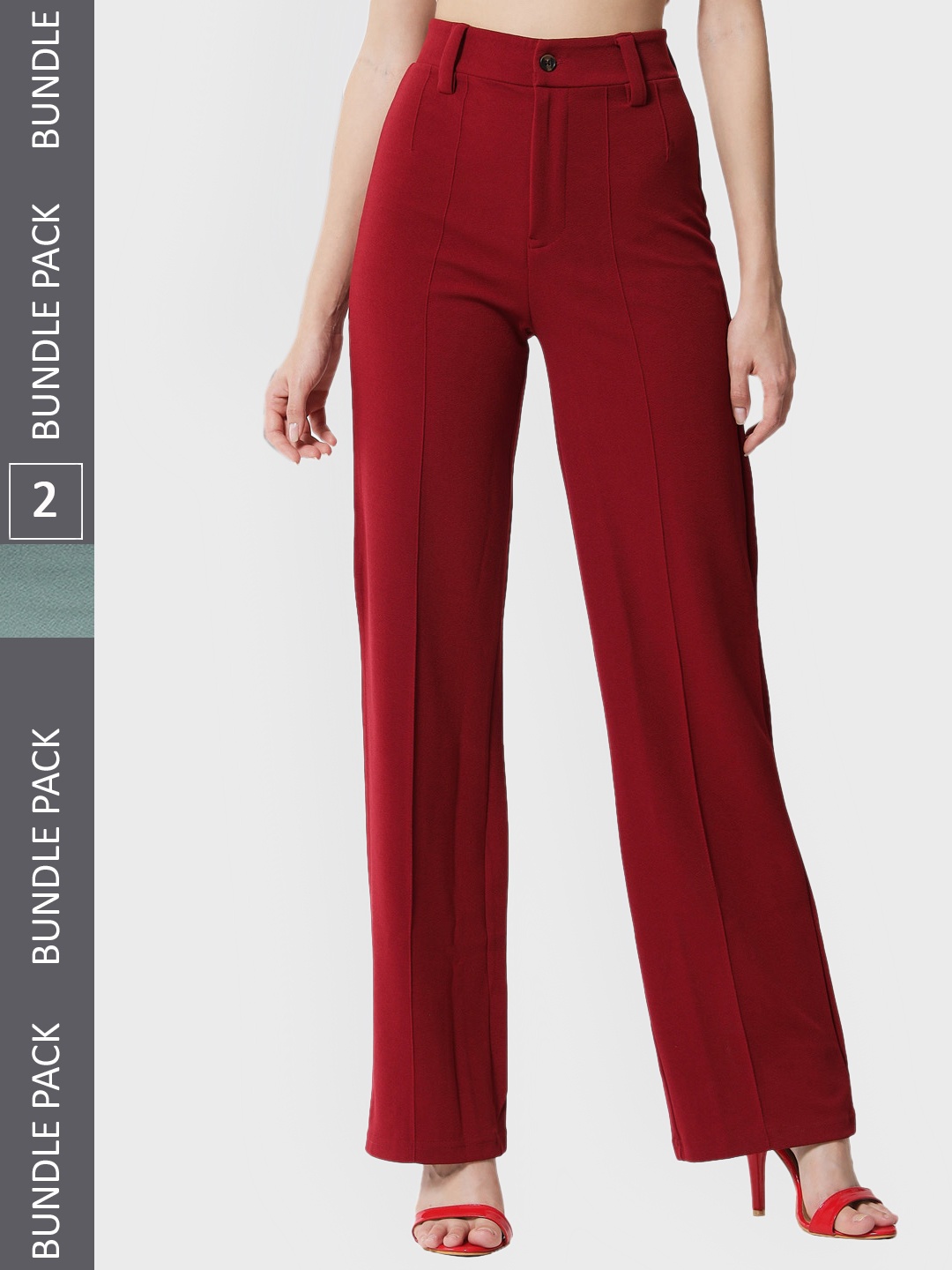 

KOTTY BIZwear Women Pack Of 2 Relaxed Straight Fit High-Rise Easy Wash Parallel Trousers, Maroon