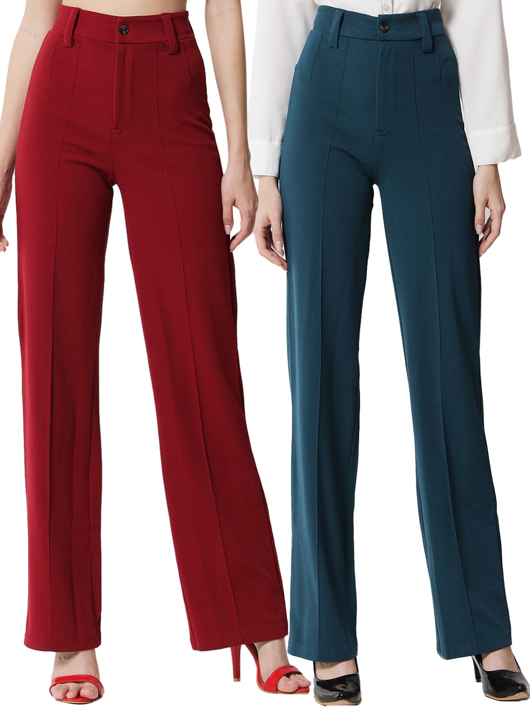 

KOTTY BIZwear Women Pack Of 2 Relaxed Straight Leg High-Rise Easy Wash Parallel Trousers, Maroon