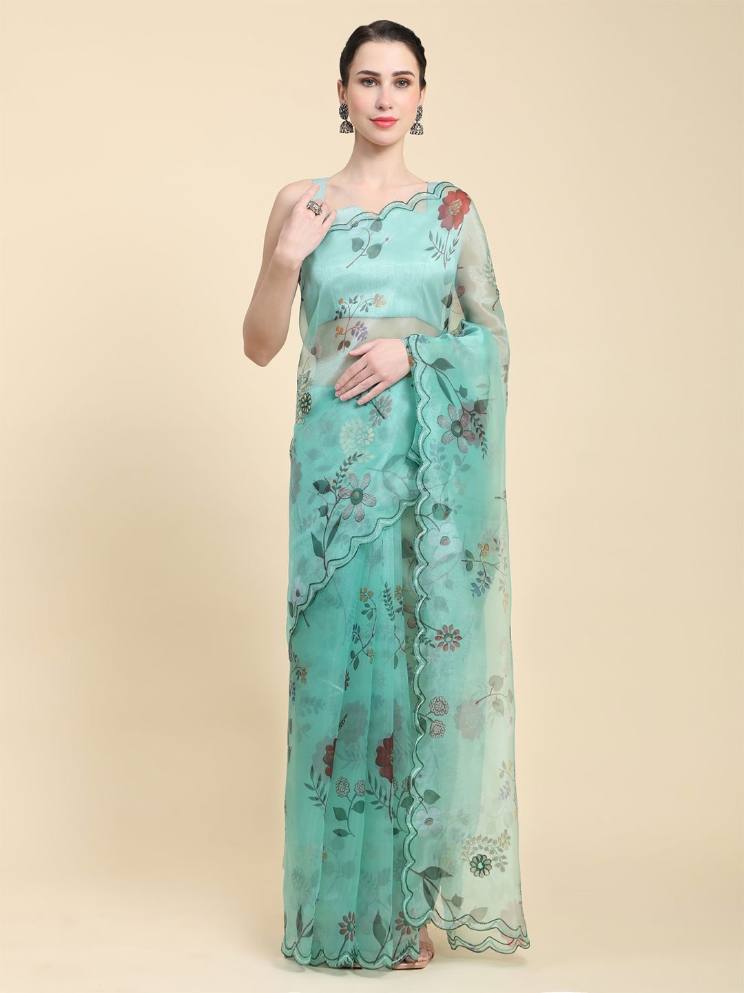 

Vastrasky Global Floral Printed Gottapatti Organza Saree, Green