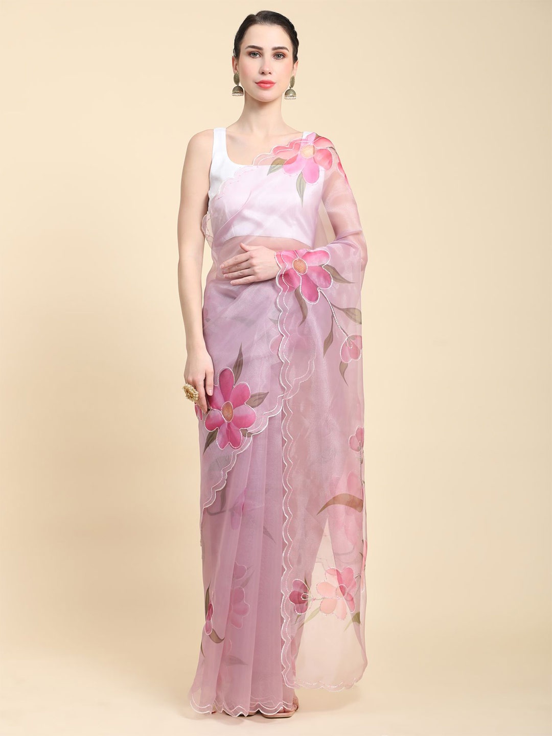 

Vastrasky Global Floral Printed Embroidered Organza Saree, Lavender