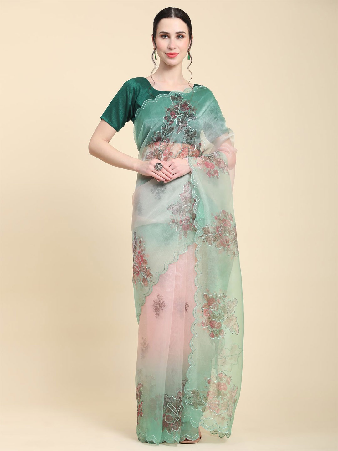 

Vastrasky Global Floral Sequinned Organza Saree, Sea green