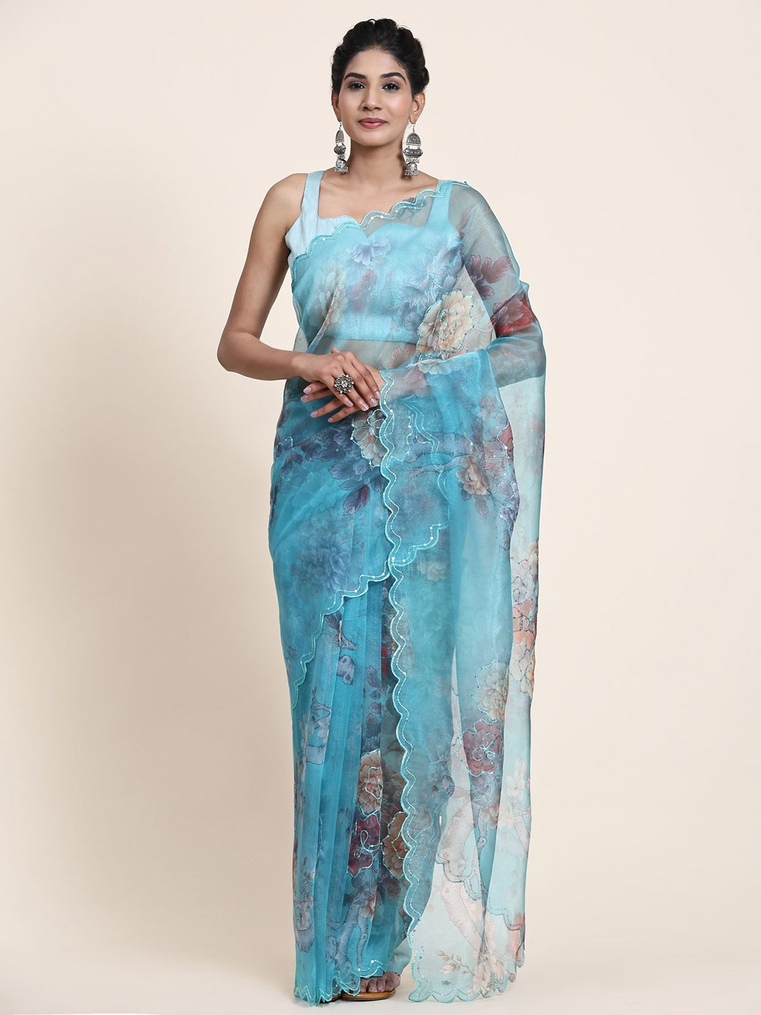 

Vastrasky Global Floral Printed Embroidered Organza Saree, Teal