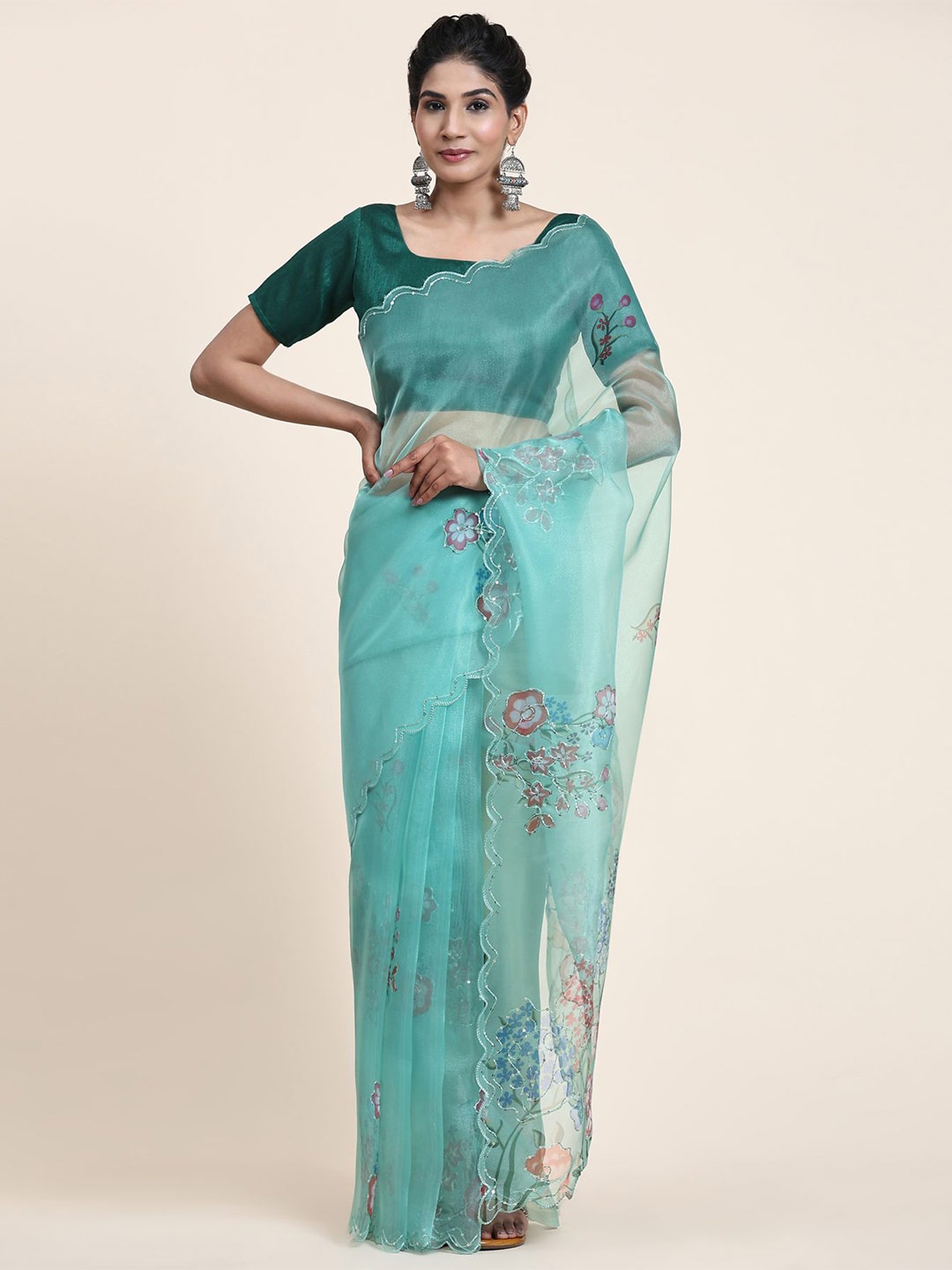 

Vastrasky Global Embroidered Floral Organza Saree, Teal