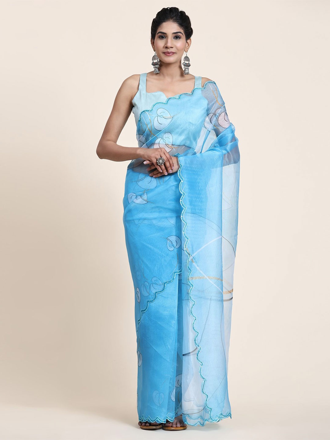 

Vastrasky Global Floral Printed Sequinned Organza Saree, Blue