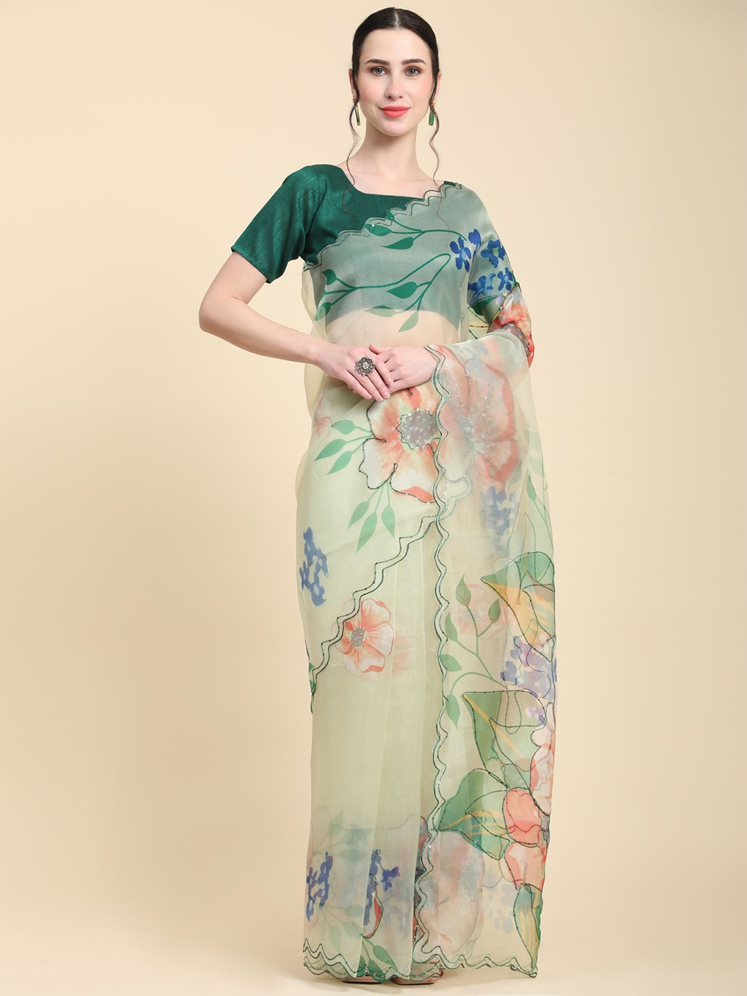 

Vastrasky Global Floral Printed Sequinned Organza Saree, Sea green
