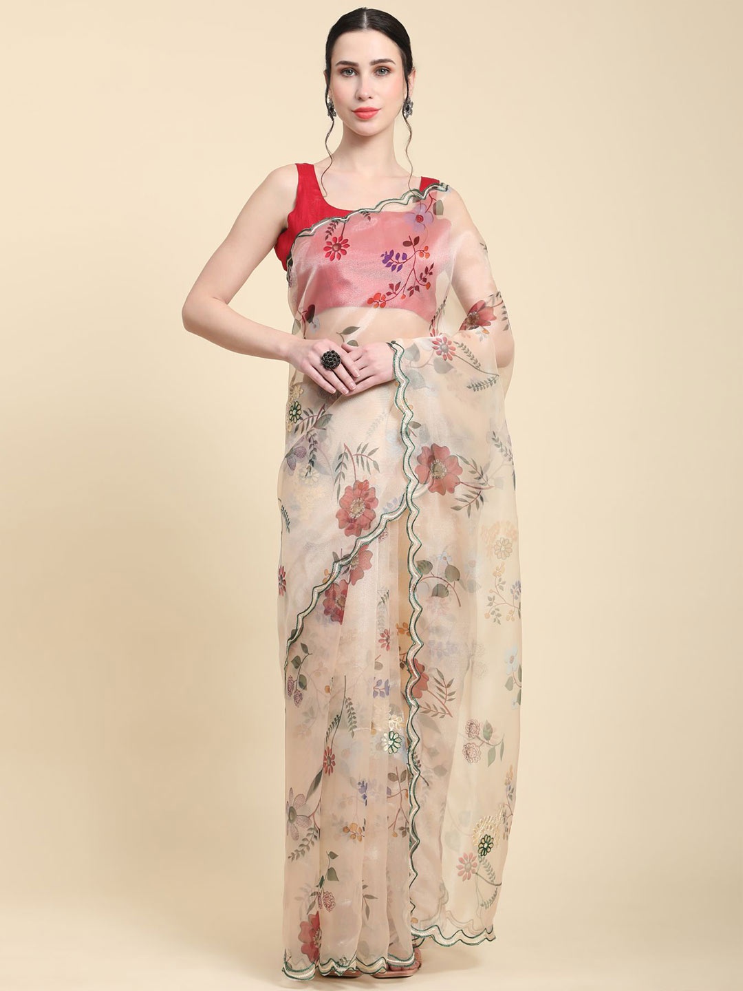 

Vastrasky Global Floral Printed Gotta Patti Organza Saree, Yellow