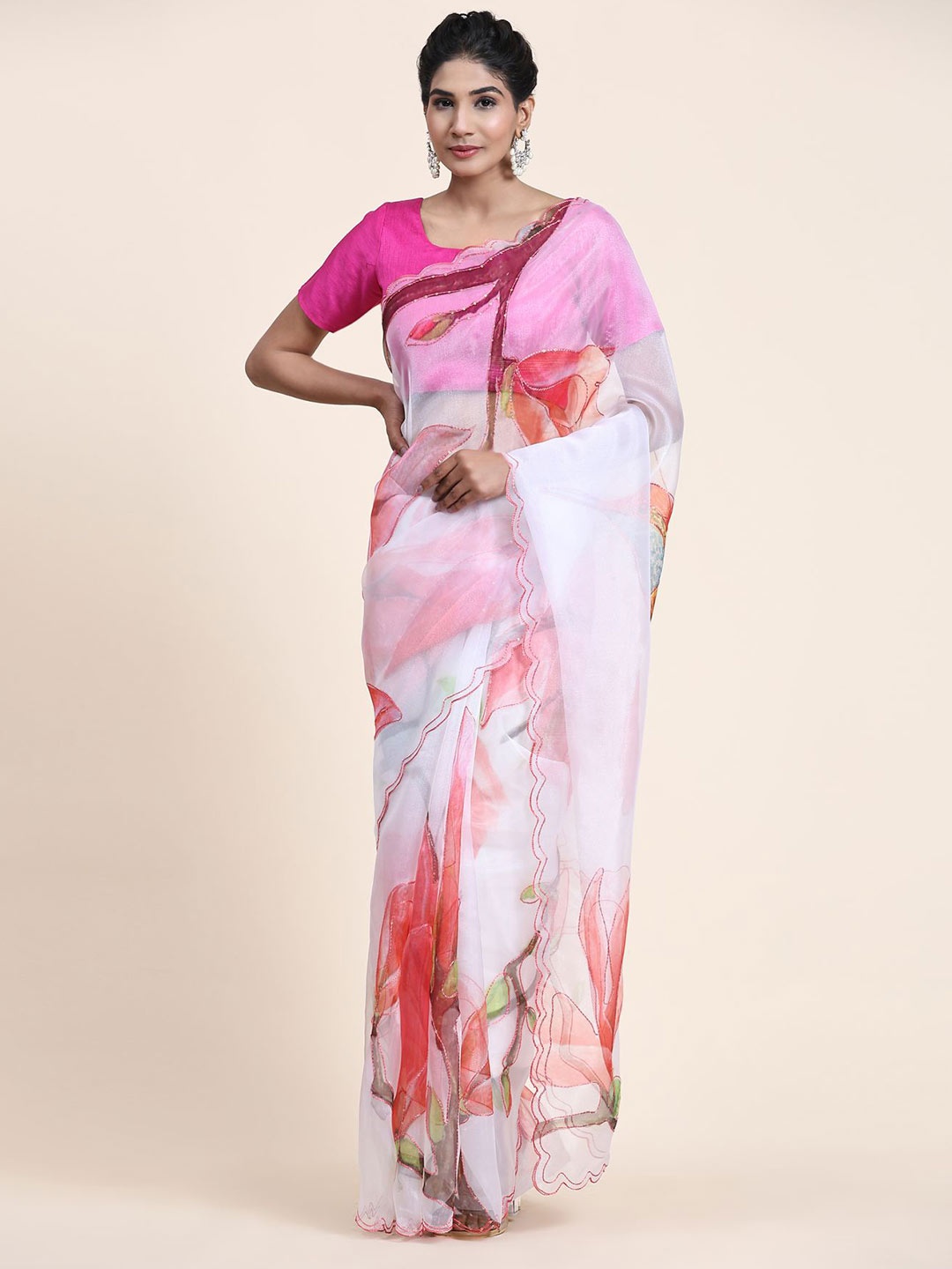

Vastrasky Global Floral Sequinned Organza Saree, White