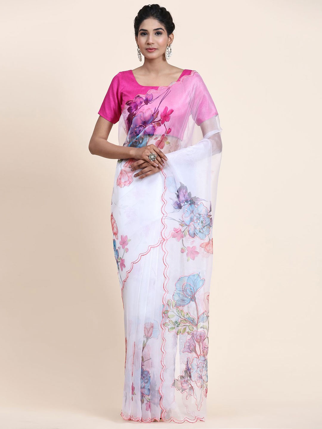 

Vastrasky Global Floral Sequinned Organza Saree, White